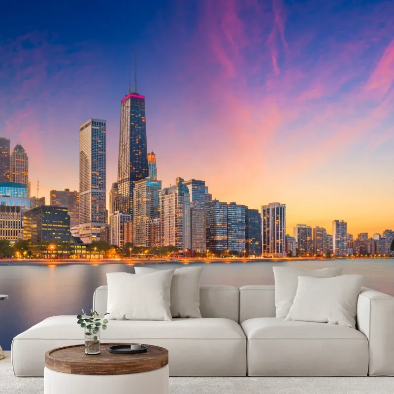 Fototapeta panorama Chicago o zmierzchu – Wallissimo® Fototapeta panorama Chicago o zmierzchu – Wallissimo®