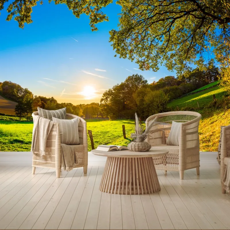 Fototapeta słoneczna łąka i wiejska droga o zachodzie słońca – Wallissimo® Fototapeta słoneczna łąka i wiejska droga o zachodzie słońca – Wallissimo®