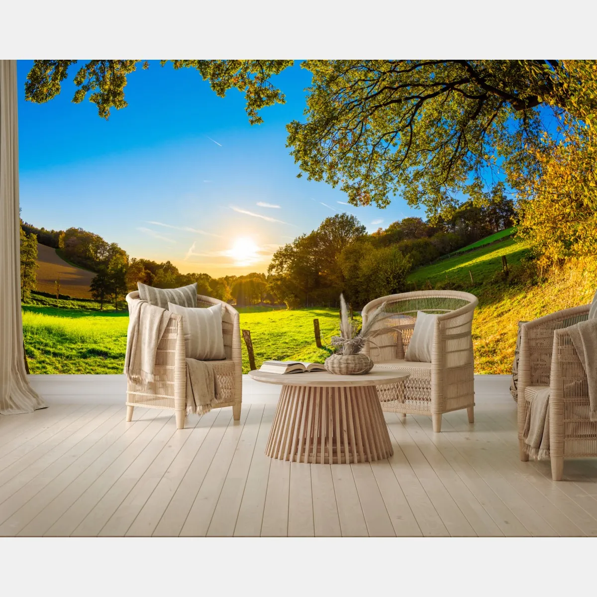 Fototapeta słoneczna łąka i wiejska droga o zachodzie słońca – Wallissimo® Fototapeta słoneczna łąka i wiejska droga o zachodzie słońca – Wallissimo®