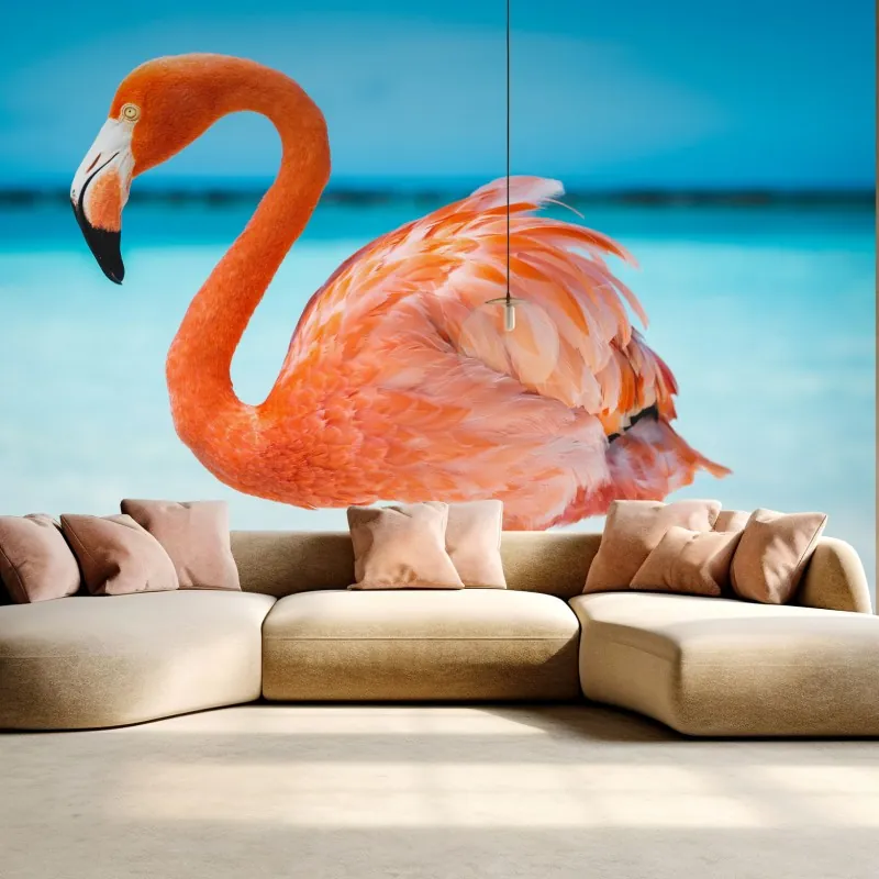 Fototapeta żywy różowy flaming na turkusowej plaży