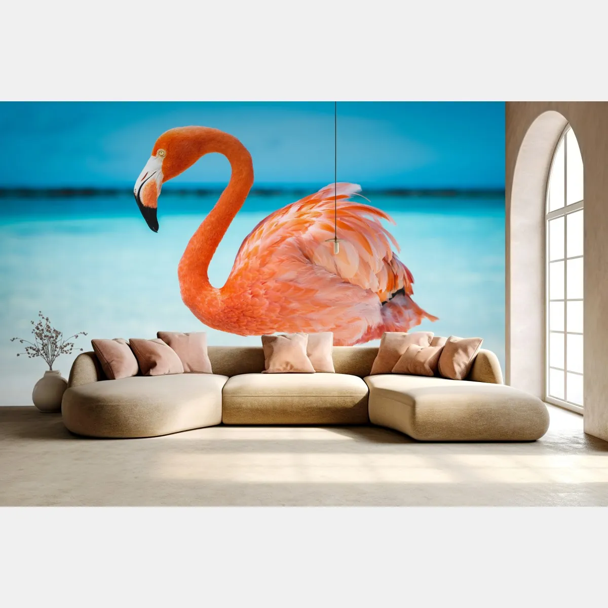 Fototapeta żywy różowy flaming na turkusowej plaży – Wallissimo® Fototapeta żywy różowy flaming na turkusowej plaży – Wallissimo®