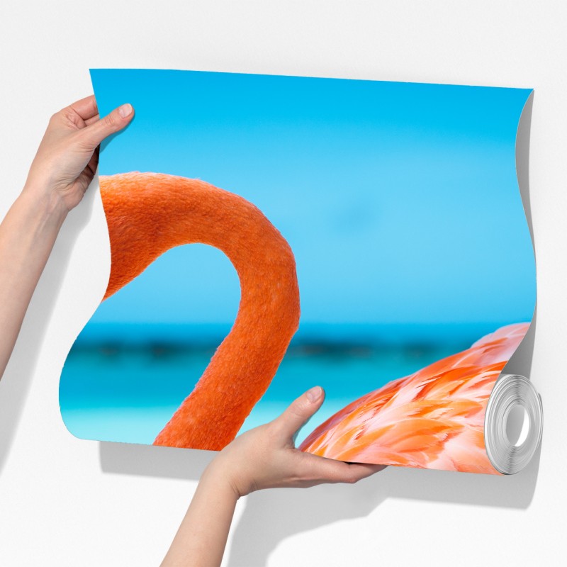 Fototapeta żywy różowy flaming na turkusowej plaży – Wallissimo® Fototapeta żywy różowy flaming na turkusowej plaży – Wallissimo®