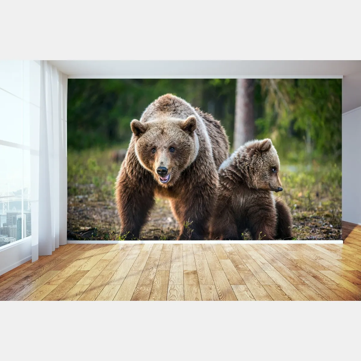 Fototapeta niedźwiedź brunatny z młodym w lesie – Wallissimo® Fototapeta niedźwiedź brunatny z młodym w lesie – Wallissimo®