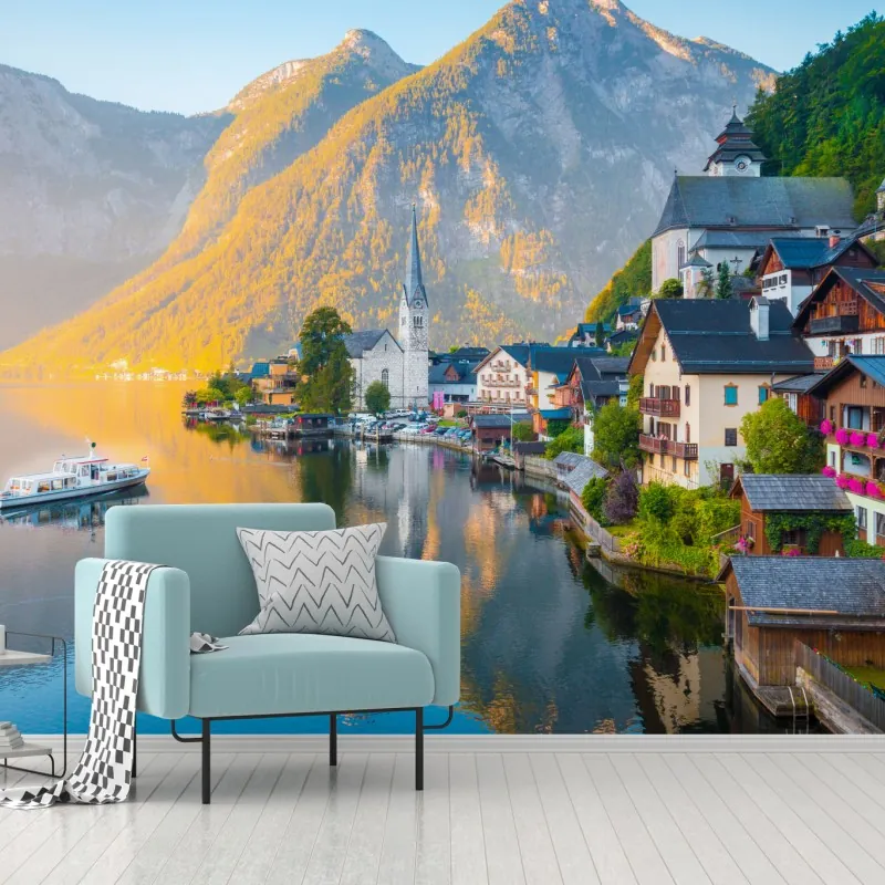 Fototapeta poranny blask Hallstatt nad jeziorem