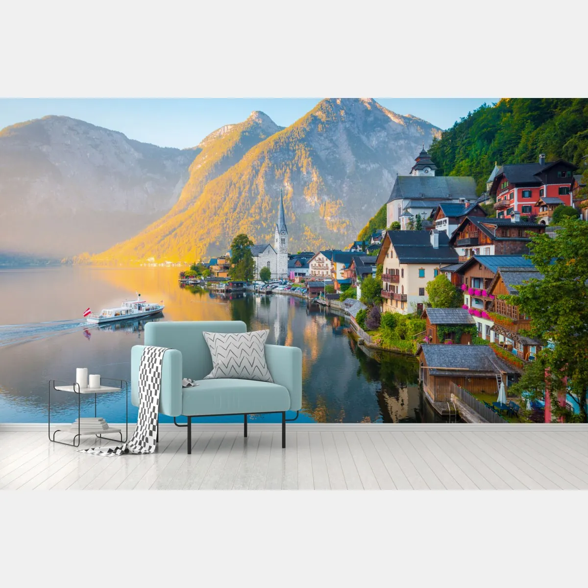 Fototapeta poranny blask Hallstatt nad jeziorem – Wallissimo® Fototapeta poranny blask Hallstatt nad jeziorem – Wallissimo®