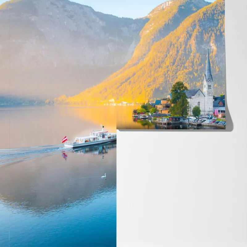 Fototapeta poranny blask Hallstatt nad jeziorem – Wallissimo® Fototapeta poranny blask Hallstatt nad jeziorem – Wallissimo®