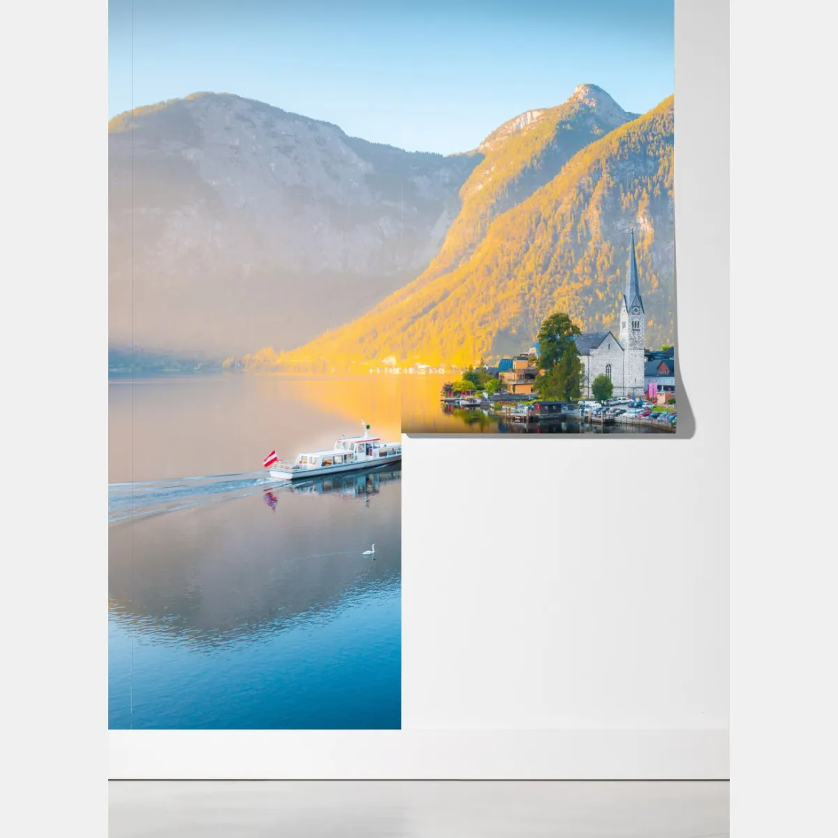 Fototapeta poranny blask Hallstatt nad jeziorem – Wallissimo® Fototapeta poranny blask Hallstatt nad jeziorem – Wallissimo®
