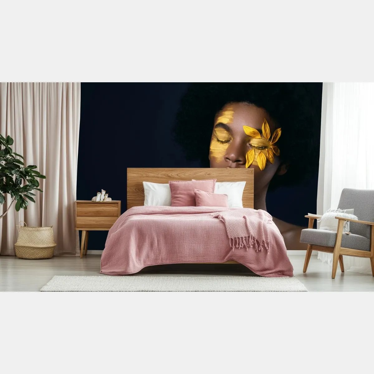 Fototapeta słonecznikowa muza: portret z płatkami słonecznika – Wallissimo® Fototapeta słonecznikowa muza: portret z płatkami słonecznika – Wallissimo®