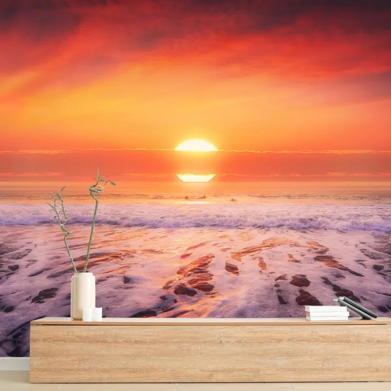 Fototapeta złoty zachód słońca nad spokojną plażą – Wallissimo® Fototapeta złoty zachód słońca nad spokojną plażą – Wallissimo®