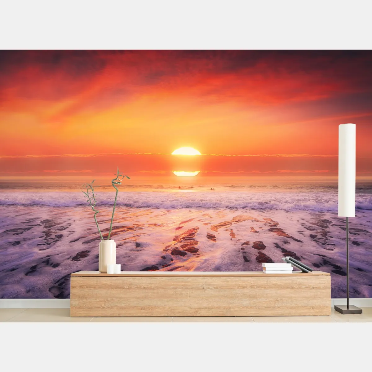 Fototapeta złoty zachód słońca nad spokojną plażą – Wallissimo® Fototapeta złoty zachód słońca nad spokojną plażą – Wallissimo®