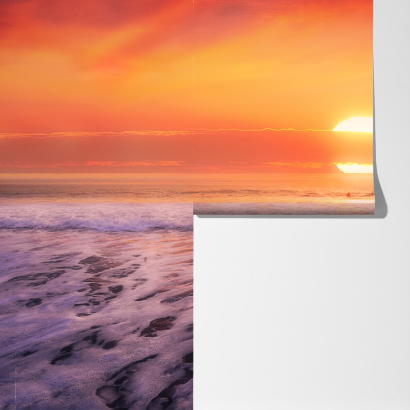 Fototapeta złoty zachód słońca nad spokojną plażą – Wallissimo® Fototapeta złoty zachód słońca nad spokojną plażą – Wallissimo®