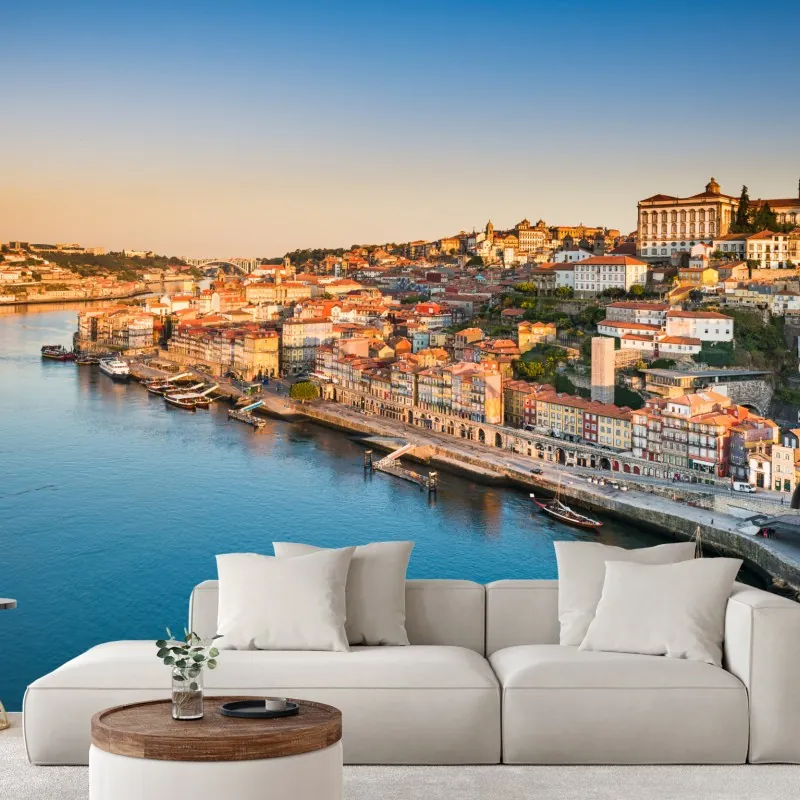 Fototapeta słoneczna panorama nabrzeża Porto o zachodzie słońca – Wallissimo® Fototapeta słoneczna panorama nabrzeża Porto o zachodzie słońca – Wallissimo®