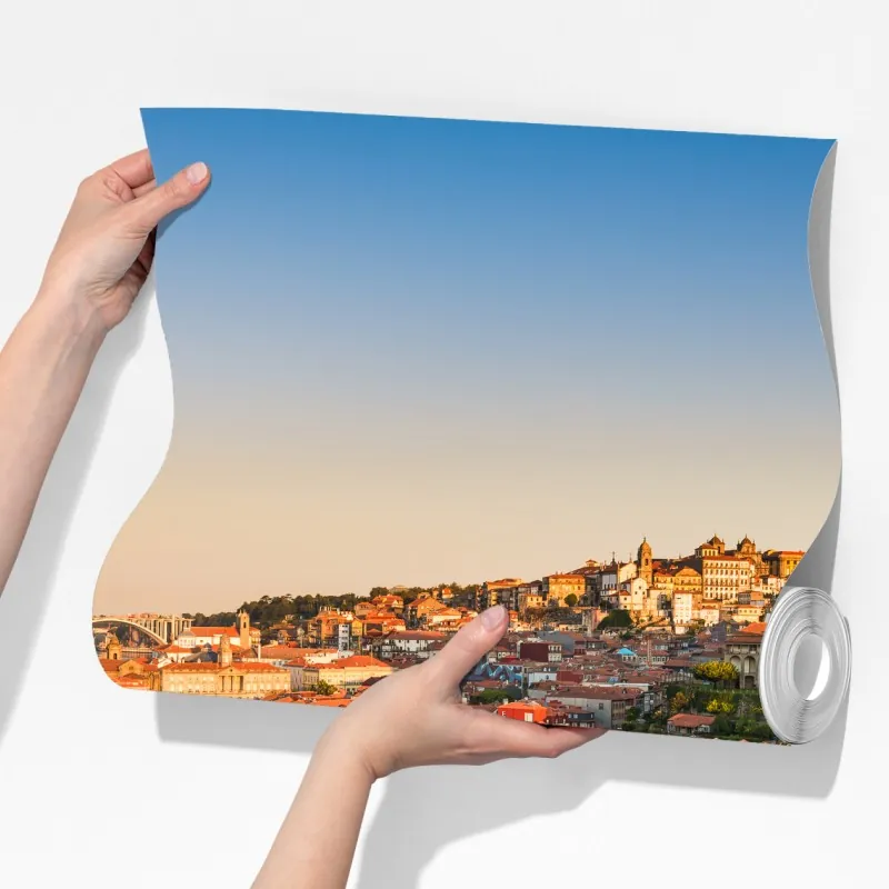 Fototapeta słoneczna panorama nabrzeża Porto o zachodzie słońca – Wallissimo® Fototapeta słoneczna panorama nabrzeża Porto o zachodzie słońca – Wallissimo®