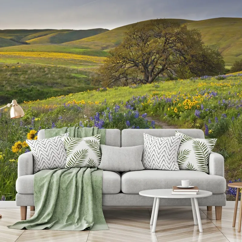 Fototapeta ścieżka przez złotą łąkę z dzikimi kwiatami