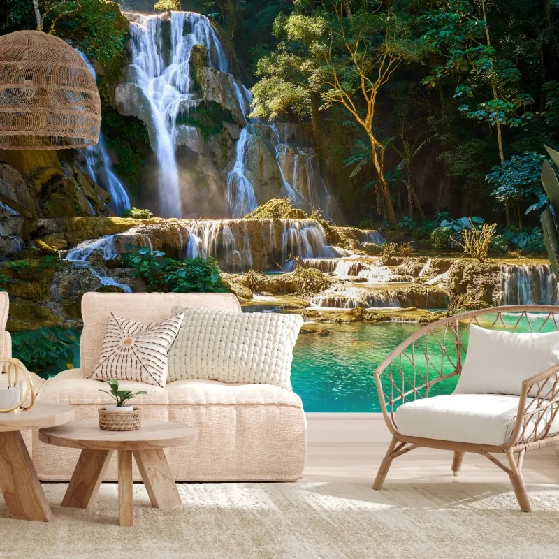 Fototapeta turkusowy wodospad w bujnym lesie