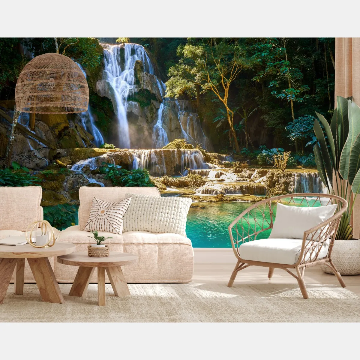 Fototapeta turkusowy wodospad w bujnym lesie – Wallissimo® Fototapeta turkusowy wodospad w bujnym lesie – Wallissimo®