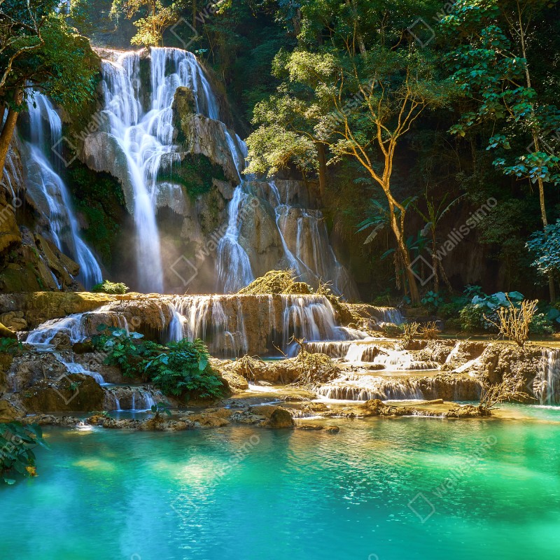 Fototapeta turkusowy wodospad w bujnym lesie – Wallissimo® Fototapeta turkusowy wodospad w bujnym lesie – Wallissimo®