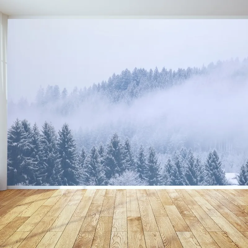 Fototapeta zimowa mgła nad lasem iglastym