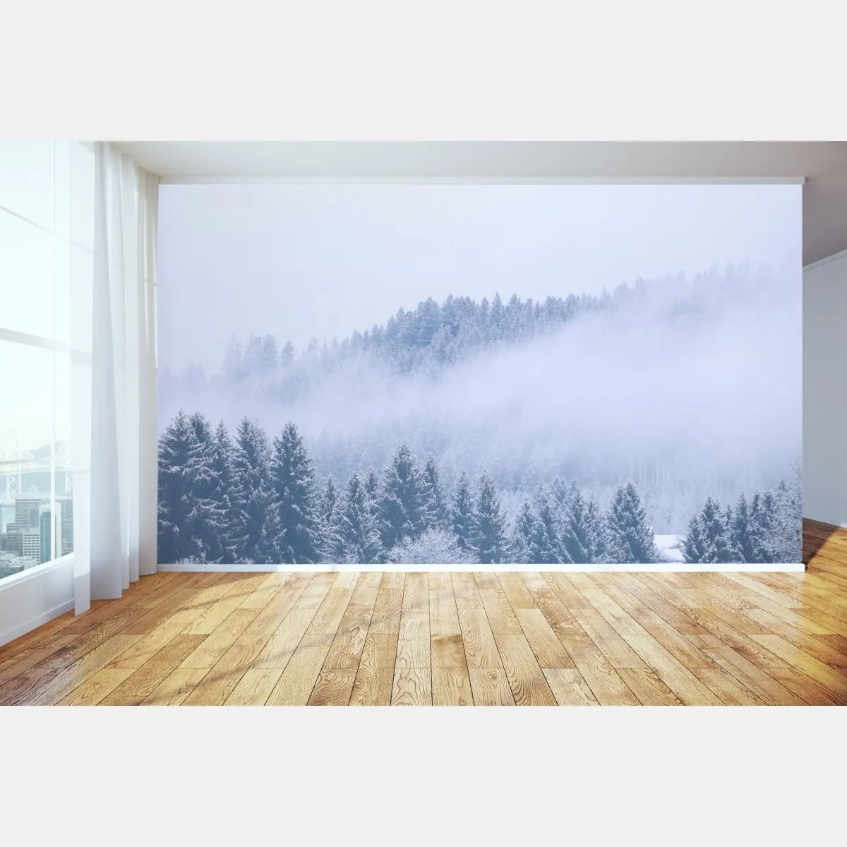 Fototapeta zimowa mgła nad lasem iglastym – Wallissimo® Fototapeta zimowa mgła nad lasem iglastym – Wallissimo®