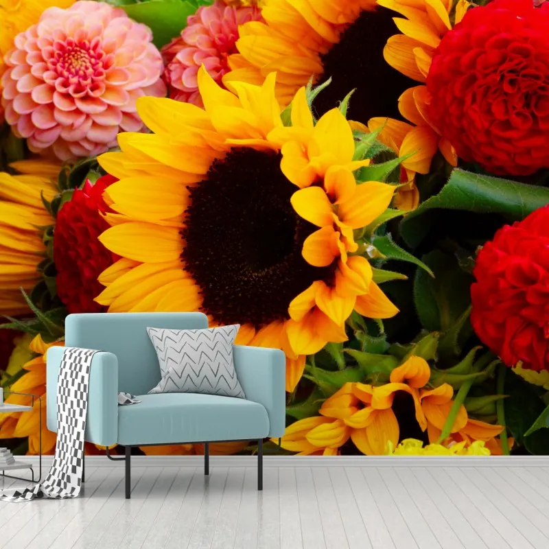 Fototapeta zbliżenie bukietu słoneczników i dali