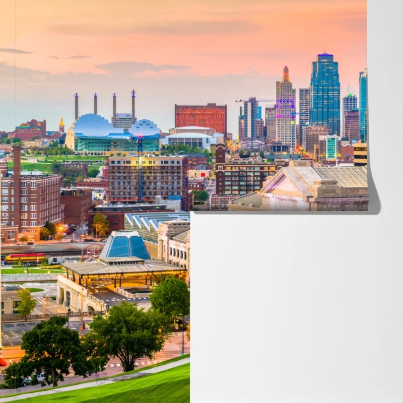 Fototapeta Kansas City panorama o zmierzchu – Wallissimo® Fototapeta Kansas City panorama o zmierzchu – Wallissimo®