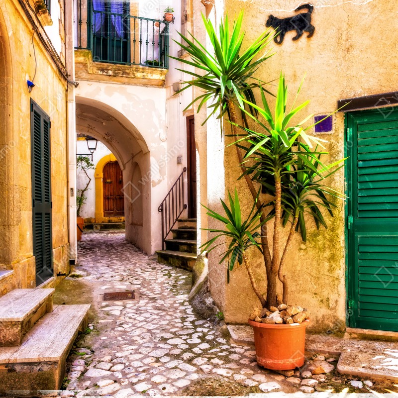 Fototapeta słoneczna śródziemnomorska uliczka z zielonymi okiennicami – Wallissimo® Fototapeta słoneczna śródziemnomorska uliczka z zielonymi okiennicami – Wallissimo®