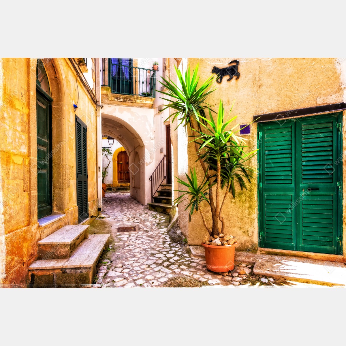 Fototapeta słoneczna śródziemnomorska uliczka z zielonymi okiennicami – Wallissimo® Fototapeta słoneczna śródziemnomorska uliczka z zielonymi okiennicami – Wallissimo®