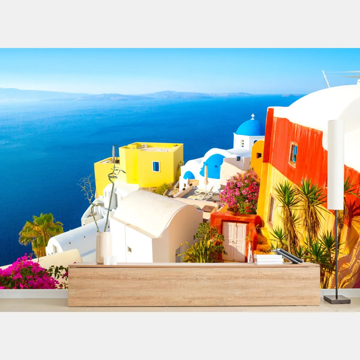 Fototapeta słoneczna Santorini nadmorska wioska – Wallissimo® Fototapeta słoneczna Santorini nadmorska wioska – Wallissimo®