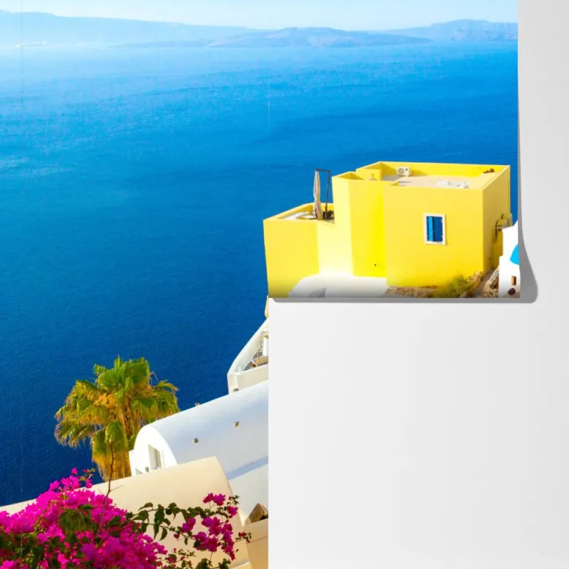 Fototapeta słoneczna Santorini nadmorska wioska – Wallissimo® Fototapeta słoneczna Santorini nadmorska wioska – Wallissimo®