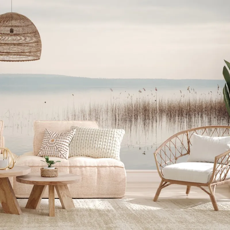 Fototapeta spokojne trzcinowisko nad jeziorem