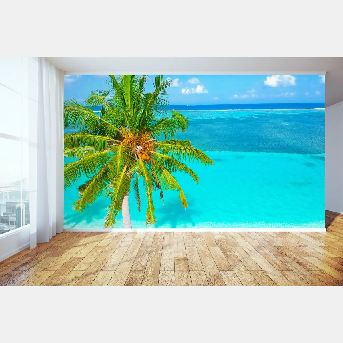 Fototapeta tropikalna turkusowa plaża z palmą – Wallissimo® Fototapeta tropikalna turkusowa plaża z palmą – Wallissimo®