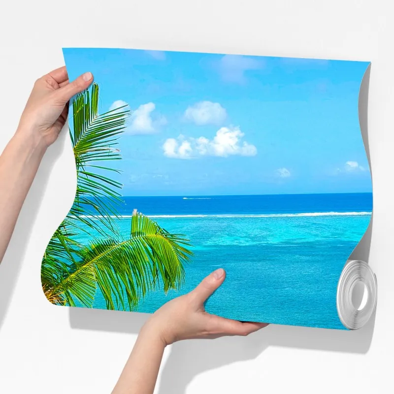Fototapeta tropikalna turkusowa plaża z palmą – Wallissimo® Fototapeta tropikalna turkusowa plaża z palmą – Wallissimo®
