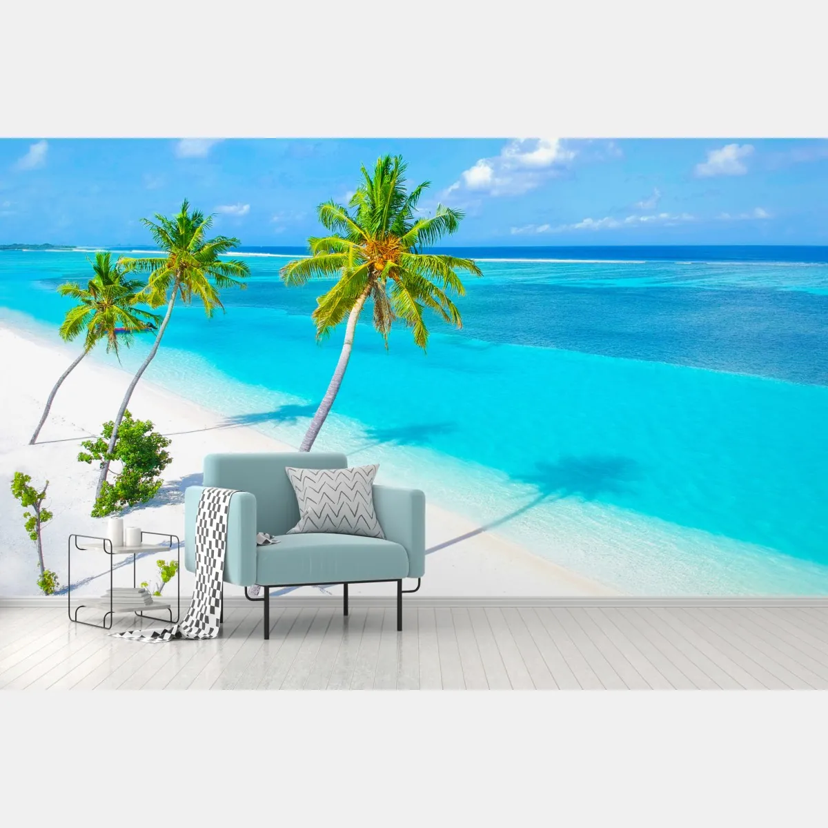 Fototapeta tropikalna turkusowa plaża z palmami – Wallissimo® Fototapeta tropikalna turkusowa plaża z palmami – Wallissimo®