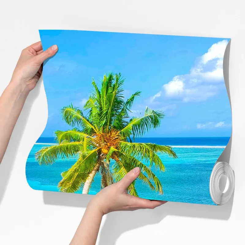 Fototapeta tropikalna turkusowa plaża z palmami – Wallissimo® Fototapeta tropikalna turkusowa plaża z palmami – Wallissimo®