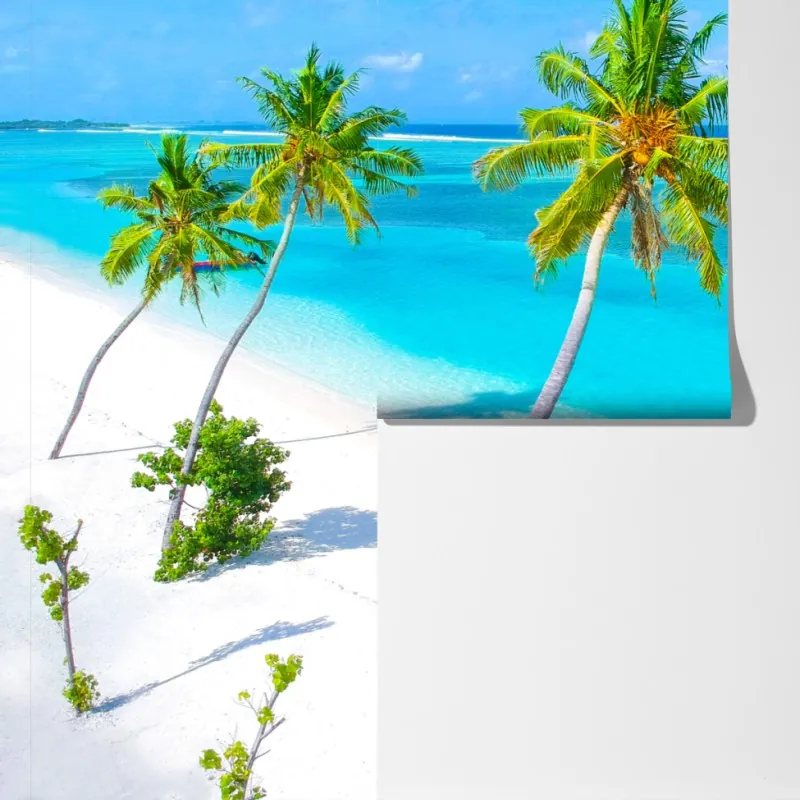 Fototapeta tropikalna turkusowa plaża z palmami – Wallissimo® Fototapeta tropikalna turkusowa plaża z palmami – Wallissimo®