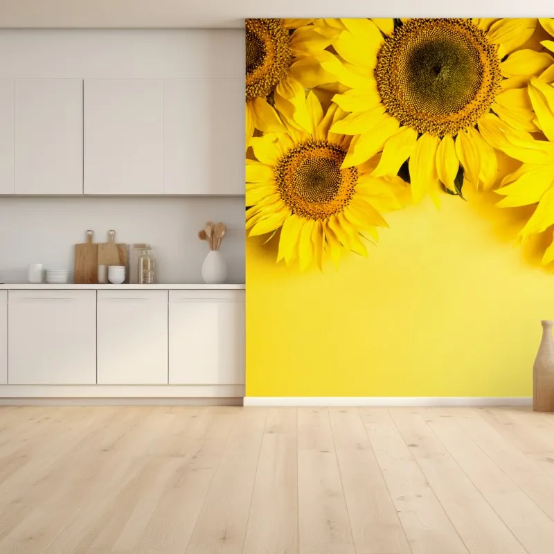 Fototapeta jasny bukiet słoneczników na żółtym tle