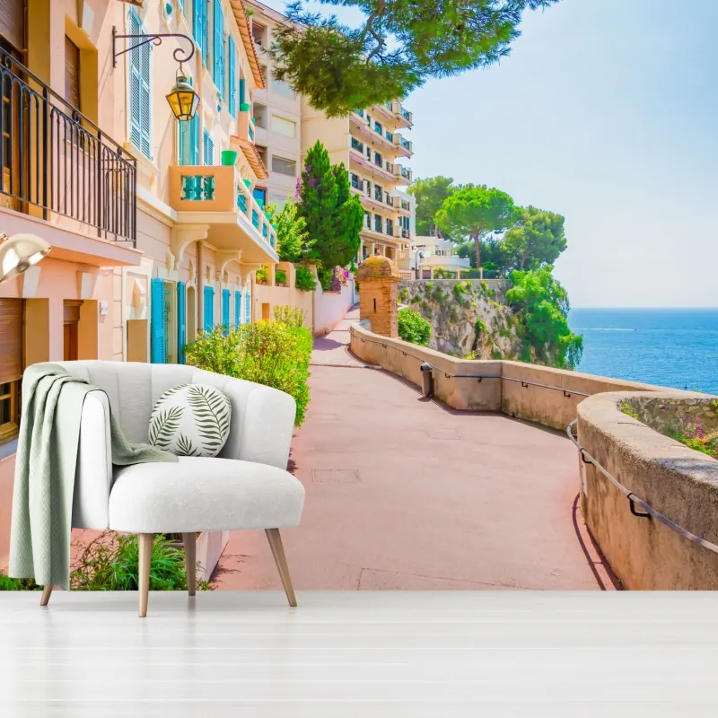 Fototapeta śródziemnomorska promenada z pastelowymi kamienicami