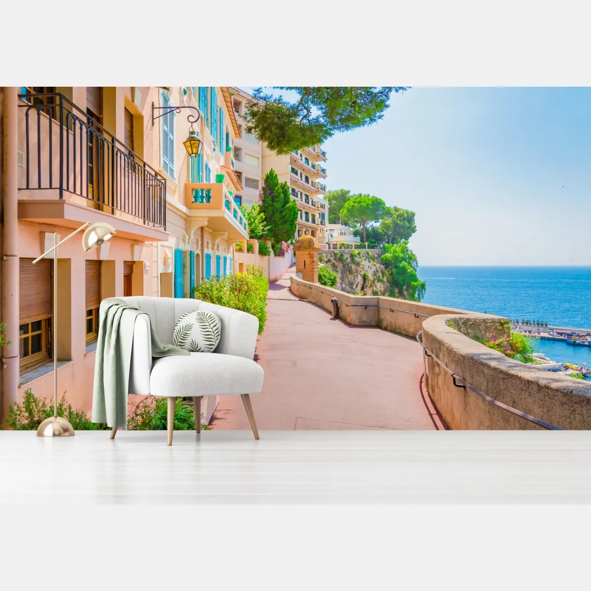 Fototapeta śródziemnomorska promenada z pastelowymi kamienicami – Wallissimo® Fototapeta śródziemnomorska promenada z pastelowymi kamienicami – Wallissimo®