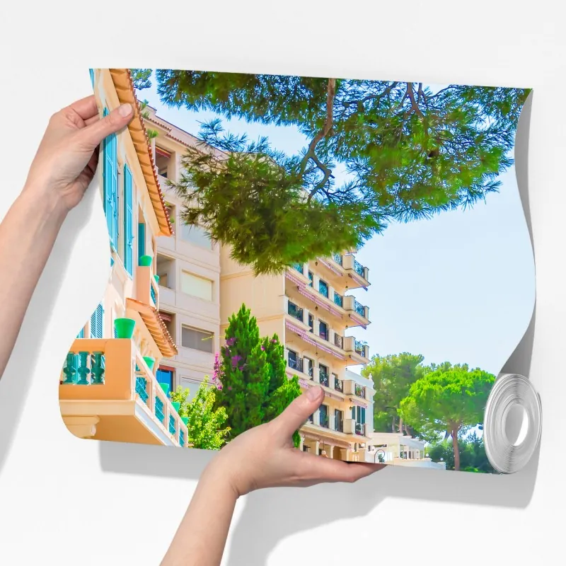 Fototapeta śródziemnomorska promenada z pastelowymi kamienicami – Wallissimo® Fototapeta śródziemnomorska promenada z pastelowymi kamienicami – Wallissimo®