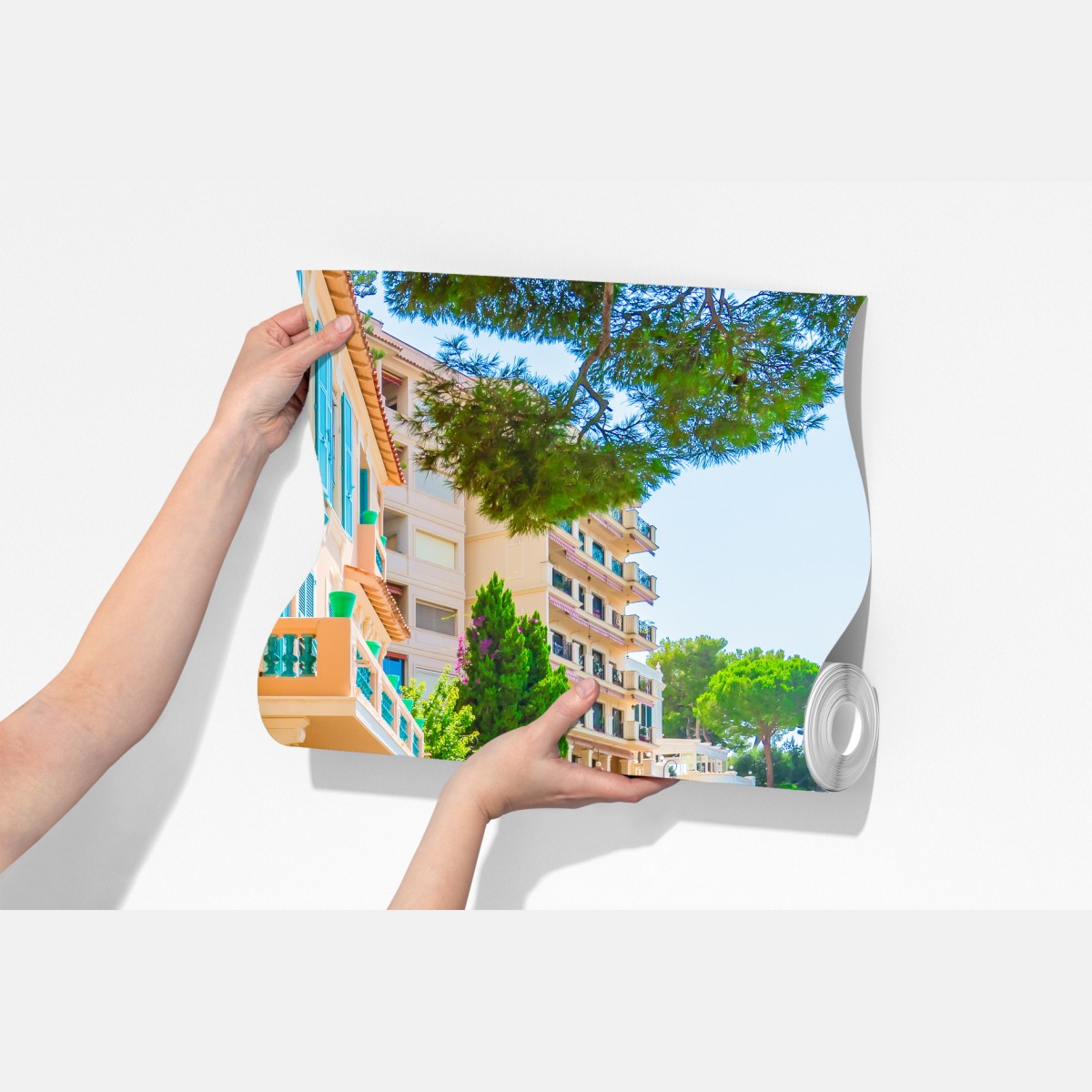 Fototapeta śródziemnomorska promenada z pastelowymi kamienicami – Wallissimo® Fototapeta śródziemnomorska promenada z pastelowymi kamienicami – Wallissimo®