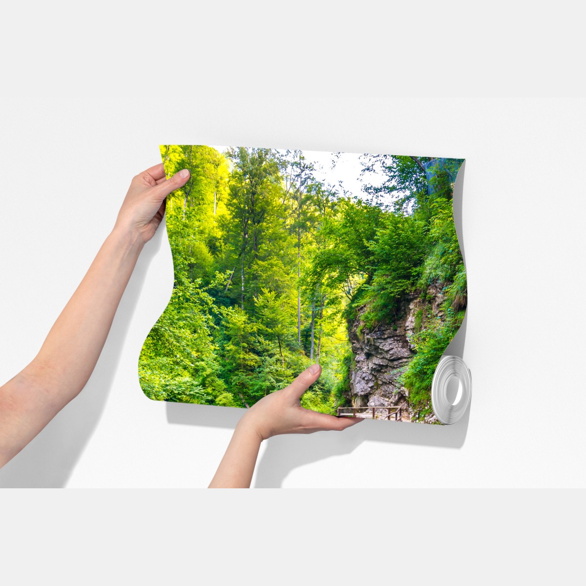 Fototapeta turkusowa rzeka i drewniana ścieżka w lesie – Wallissimo® Fototapeta turkusowa rzeka i drewniana ścieżka w lesie – Wallissimo®