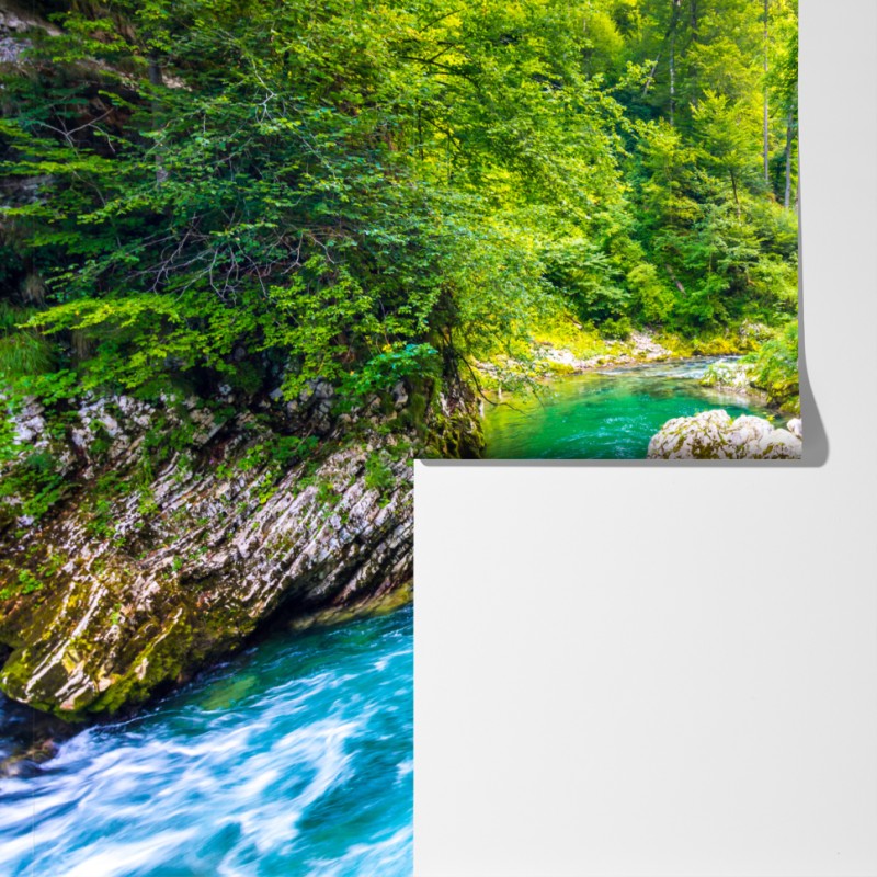 Fototapeta turkusowa rzeka i drewniana ścieżka w lesie – Wallissimo® Fototapeta turkusowa rzeka i drewniana ścieżka w lesie – Wallissimo®