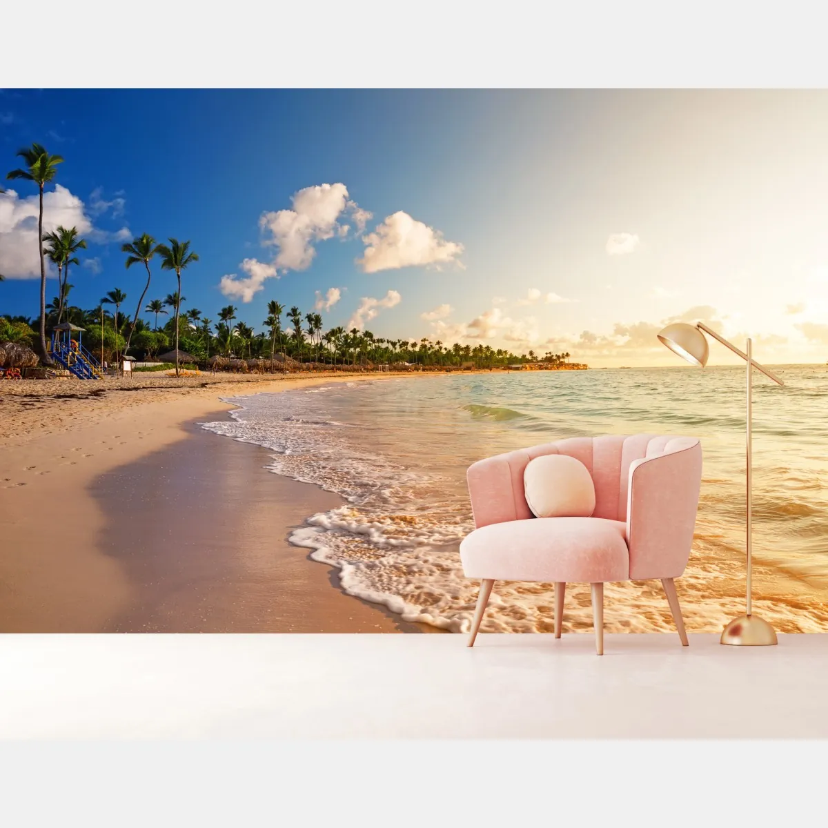 Fototapeta tropikalny zachód słońca na plaży z sylwetkami palm – Wallissimo® Fototapeta tropikalny zachód słońca na plaży z sylwetkami palm – Wallissimo®