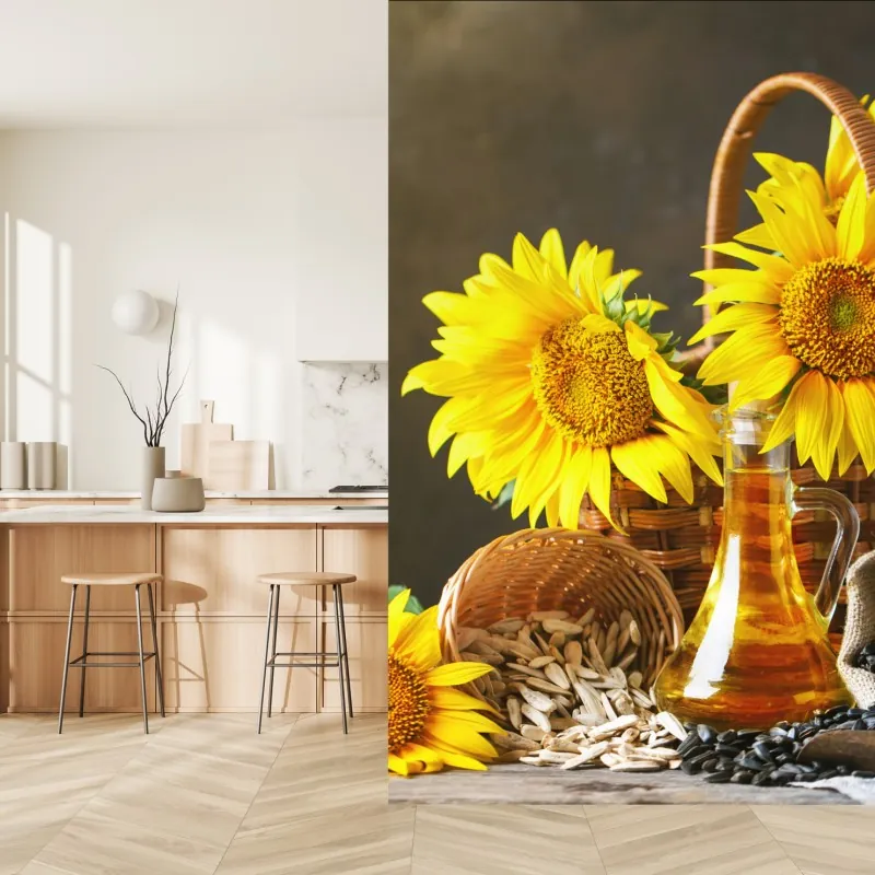 Fototapeta jasna martwa natura ze słonecznikami, ziarnami i olejem