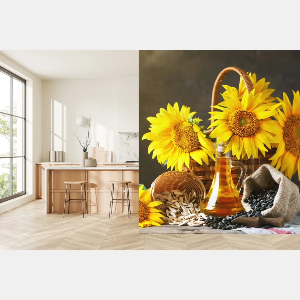 Fototapeta jasna martwa natura ze słonecznikami, ziarnami i olejem – Wallissimo® Fototapeta jasna martwa natura ze słonecznikami, ziarnami i olejem – Wallissimo®