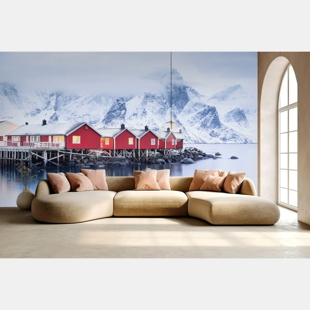 Fototapeta wschód słońca nad Lofotami i czerwonymi domkami – Wallissimo® Fototapeta wschód słońca nad Lofotami i czerwonymi domkami – Wallissimo®