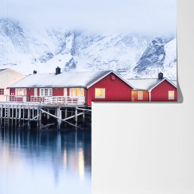 Fototapeta wschód słońca nad Lofotami i czerwonymi domkami – Wallissimo® Fototapeta wschód słońca nad Lofotami i czerwonymi domkami – Wallissimo®
