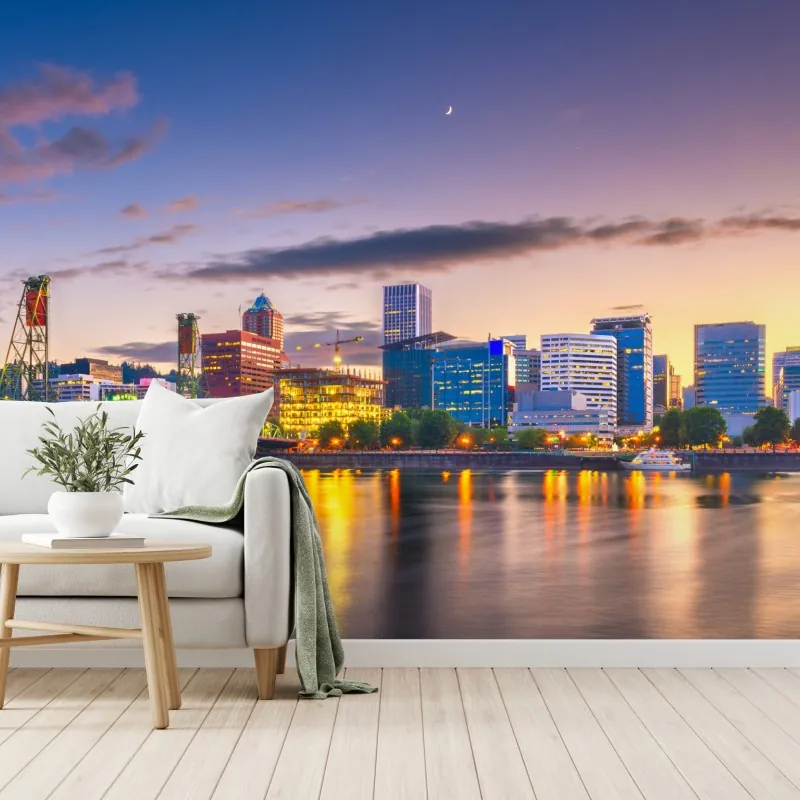 Fototapeta Portland panorama miasta o zmierzchu nad rzeką Willamette