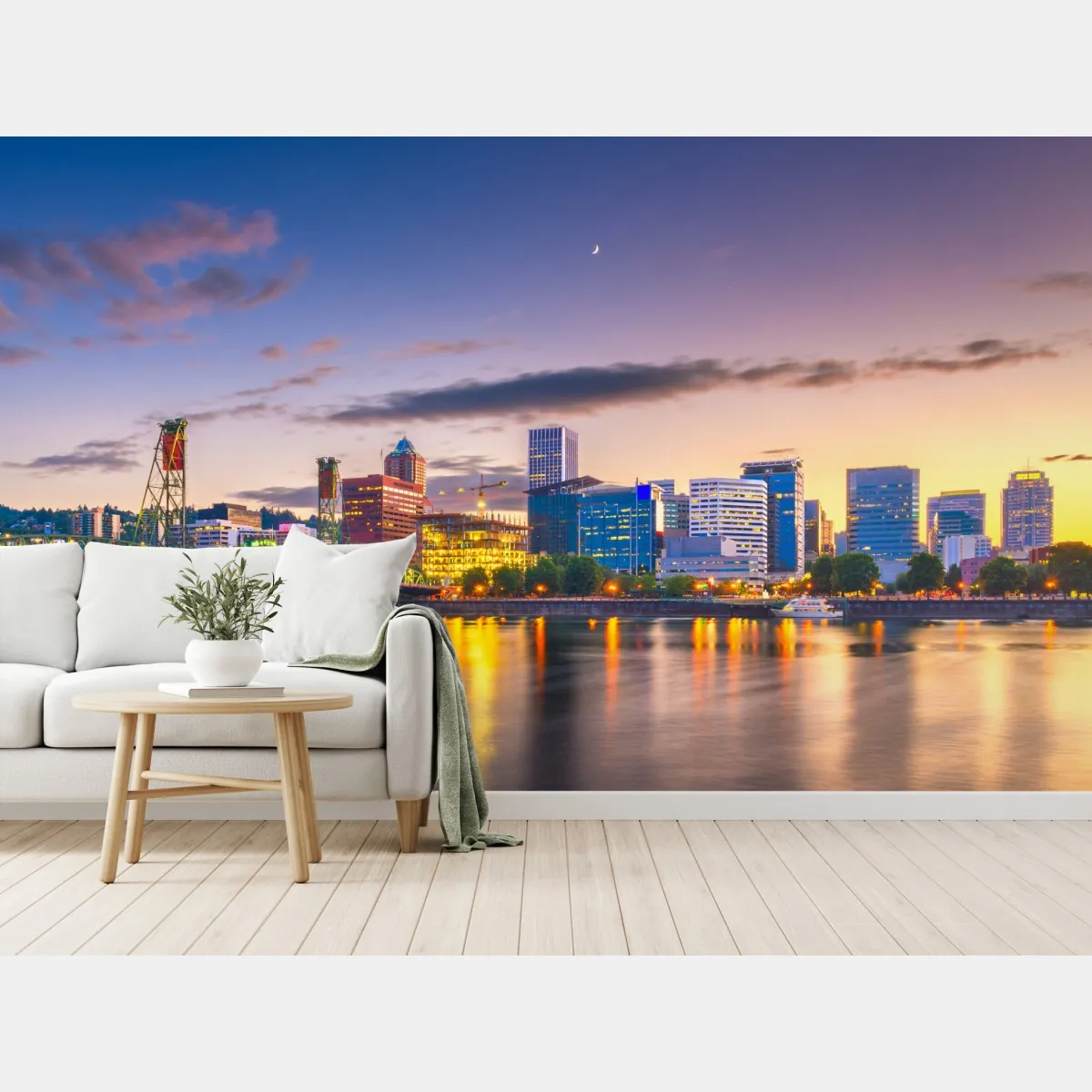 Fototapeta Portland panorama miasta o zmierzchu nad rzeką Willamette – Wallissimo® Fototapeta Portland panorama miasta o zmierzchu nad rzeką Willamette – Wallissimo®