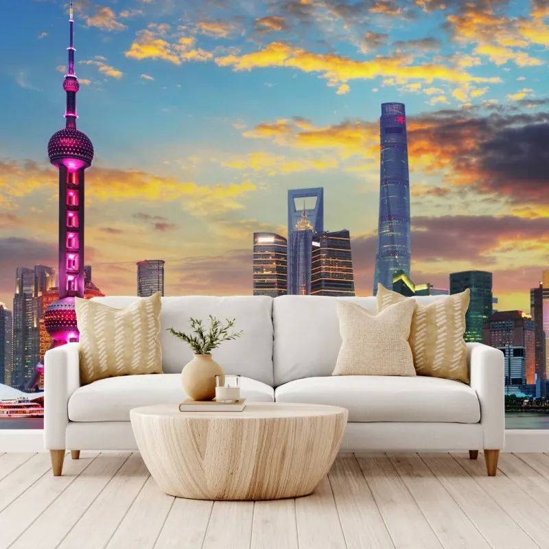 Fototapeta Szanghaj panorama miasta o zachodzie słońca